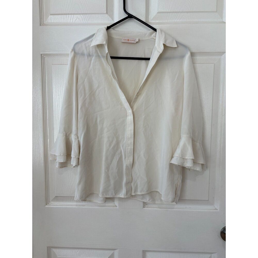 Tory Burch Ivory Silk Button Blouse Small Ruffle Bell Sleeve Collared Top PTP 19